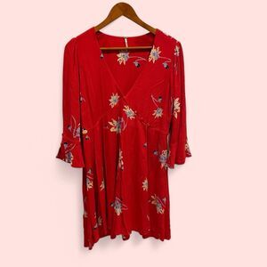 Red Free People NWT boho ruffle sleeve faux wrap floral mini dress deep v neck